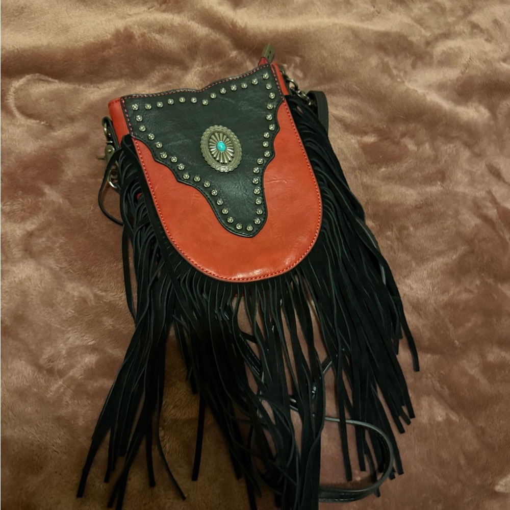 Fringed Black and Red Crossbody Bag